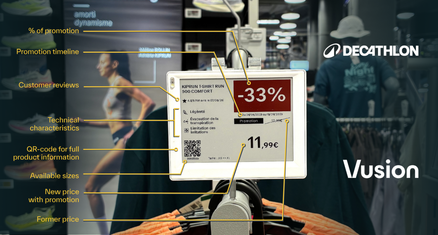 Electronic shelf label at Decathlon, displaying valuable information for customers.